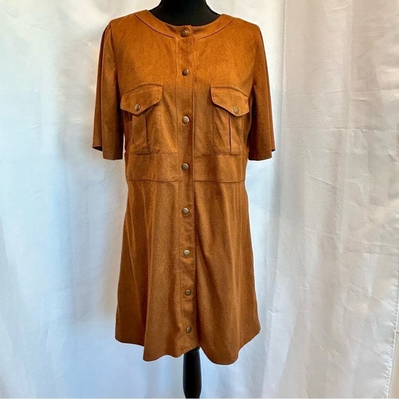 Zara Camel Brown faux suede short sleeve button front mini dress L - Picture 5 of 15